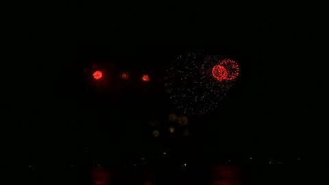 Multi colored flower shape fireworks in dark skies and reflection over the lake.