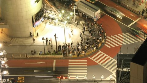 Time Lapse Movie Tokyo cross-walk from high above (rare view) at night. 