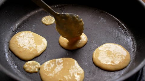 Making Pumpkin Pancakes on Frying Pan. Homemade Griddle Cakes. HD, 1920x1080.