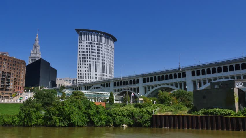 CLEVELAND, OH - Circa August, 2014 - The Cleveland skyline as seen from the Cuyahoga River on a summer day.