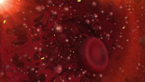 Shot in the bloodstream showing an accumulation of ketones, red blood cells and glucose in depth of field