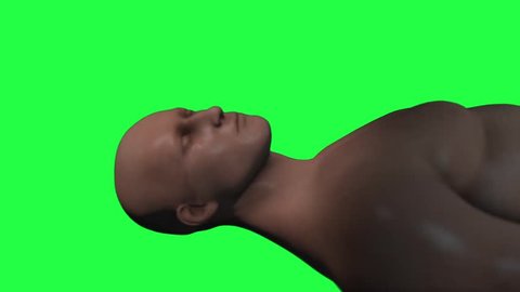 Upper body of human male shown in supine position waking up, turning head and rubbing face with an arm with a greenscreen background