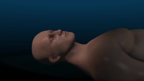 Upper body of human male shown in supine position waking up, turning head and rubbing face with an arm with a dark blue background