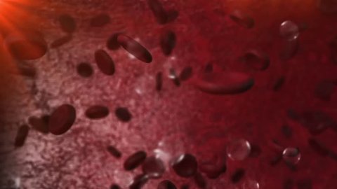 Panning clip inside the bloodstream showing red blood cells and bad fats in depth of field with bubbles effect