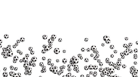 Lots of soccer balls falling on a white background.