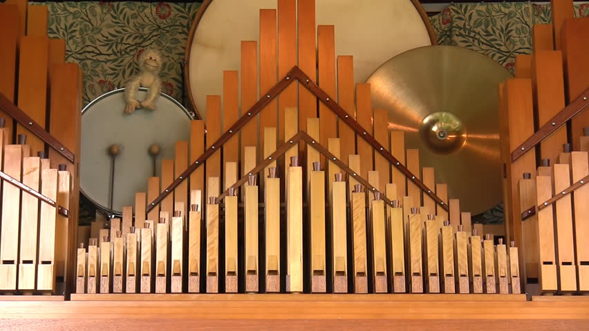 Closer view of the fairground band organ with drums and cymbals