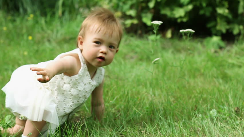 A happy smiling baby girl in a dress crawling on a green grass, slow motion, steadicam shot | Shutterstock HD Video #7190461