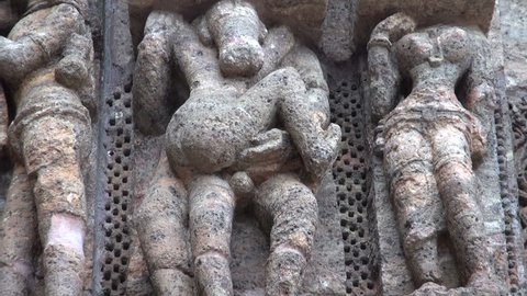 beautiful ancient erotic sacred art sculptures on Konark sun temple wall, Odisha, India