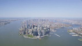 Helicopter Aerial view of New York City, United States of America. Lower Manhattan and the Freedom Tower, One World Trade Center from high angle shot.