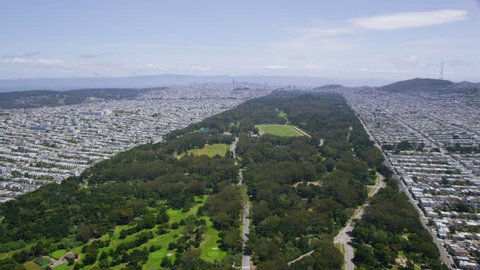 Aerial helicopter view of Golden Gate Park San Francisco City Bay area in west coast California.