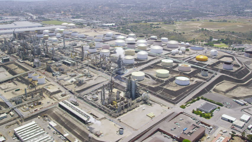 Aerial view of California Oil, Gas & Electricity industry. United States of America. Located near Los Angeles oil fields.