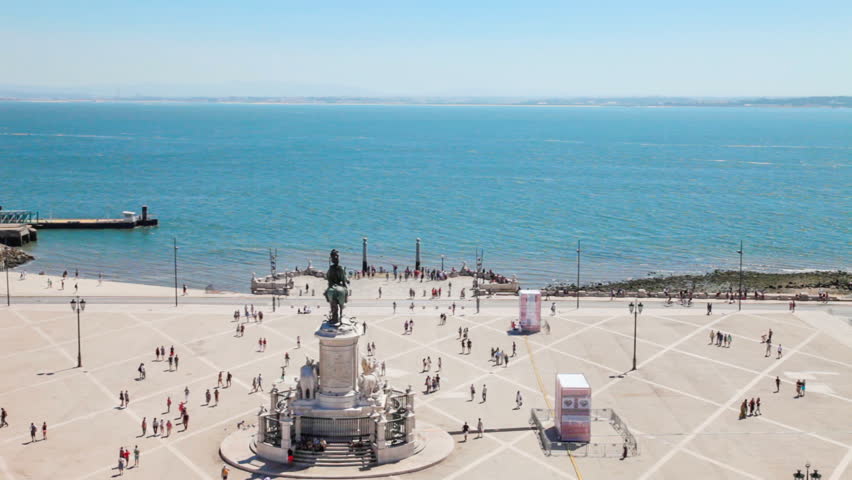 Aerial view of the Praca do Comercio  (Commerce Square) also known as  Terreiro do Paco, with the King Dom Jose statue, the Cais da Colunas (Columns Pier) and the Tagus River estuary
