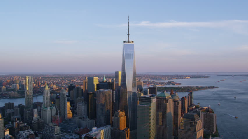 Aerial view of One World Trade Center New York City known as The Freedom Tower at Ground Zero