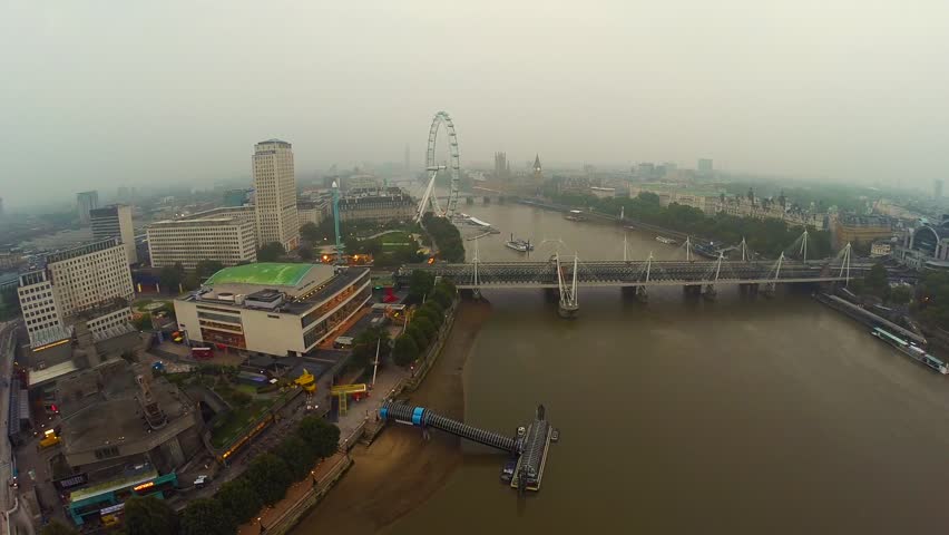 Panoramic aerial shot along the River Thames in Central London, UK