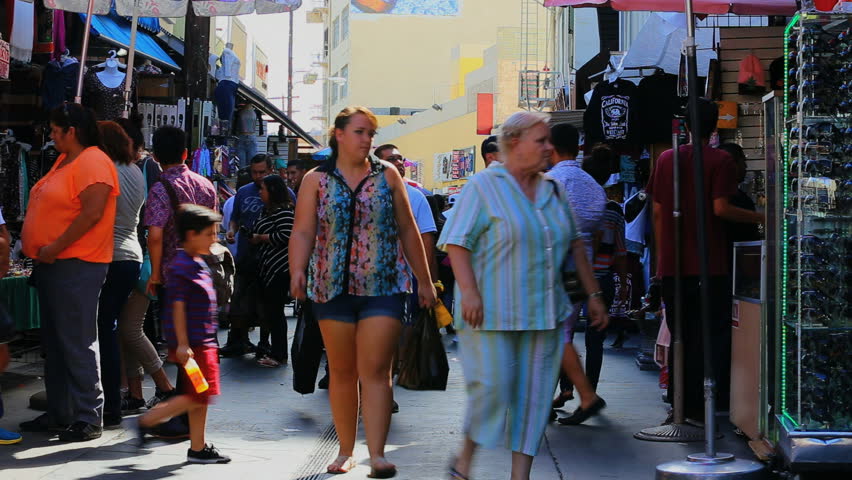 Los Angeles, California - September 7, 2014: Crowd of Shoppers and tourists at Fashion District Market September 7, 2014 in Los Angeles, California. 