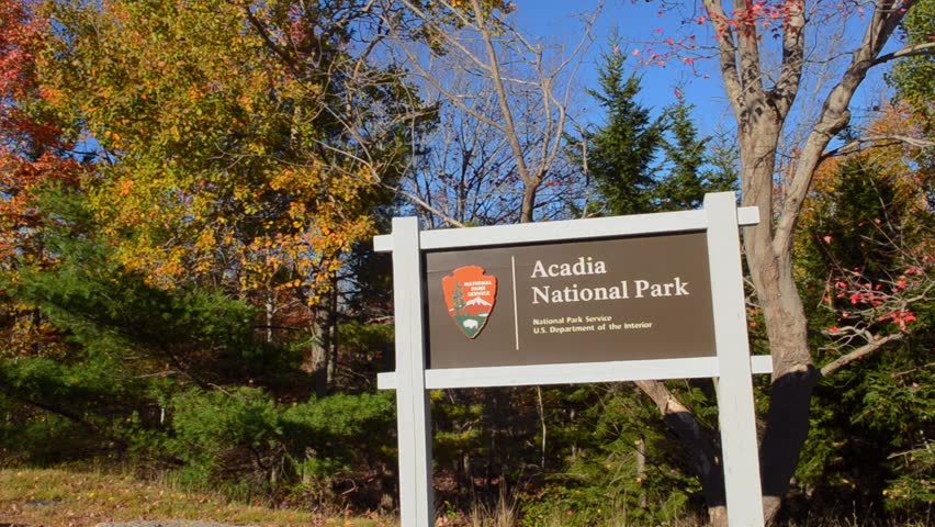 Bar Harbor Maine Sign for Acadia National Park in fall colors leaf peeping in New England