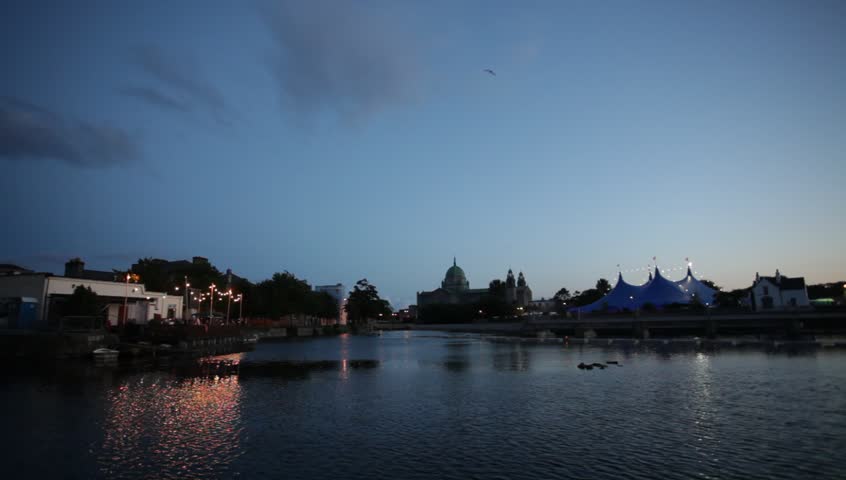 Night video of Cathedral and "Big Top" on the bank of Corrib river during Galway Art Festival, Ireland 