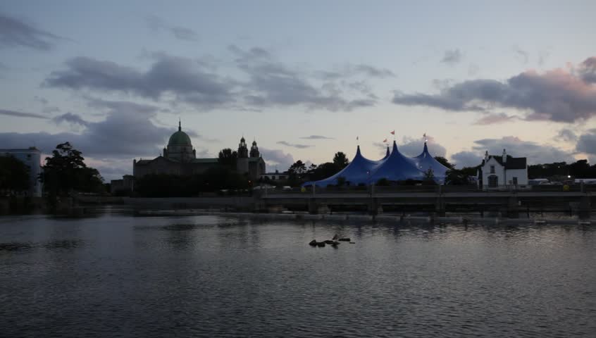 Night video of Cathedral and "Big Top" on the bank of Corrib river during Galway Art Festival, Ireland 