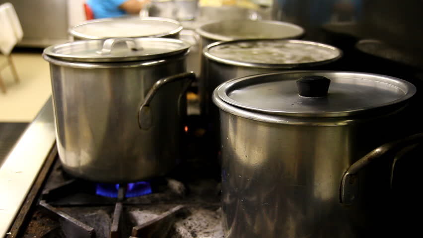 pots cook on stove industrial kitchen Stock Footage Video (100% Royalty ...