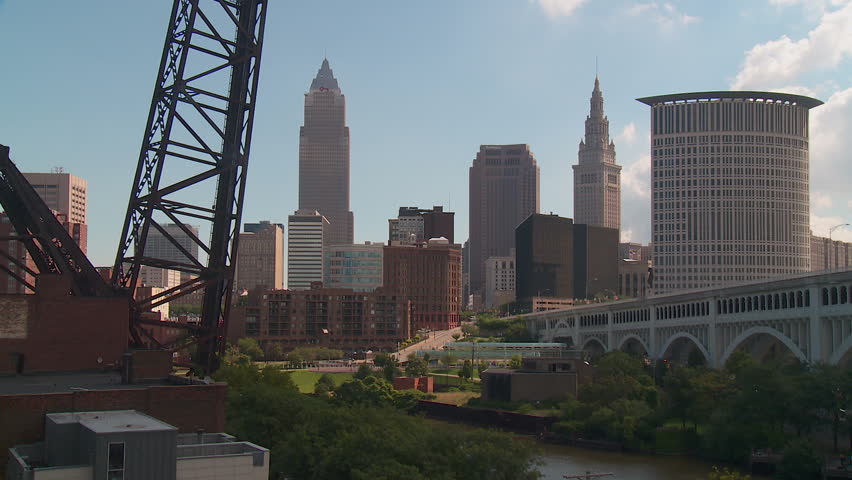 The skyline of Cleveland, Ohio as viewed over the Cuyahoga River from the Flats.