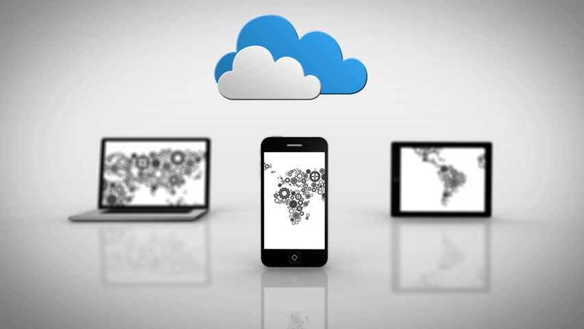 Digital animation of Media devices showing cog map under clouds - Powered by Shutterstock - Get 15% off with code: PIKWIZARD15