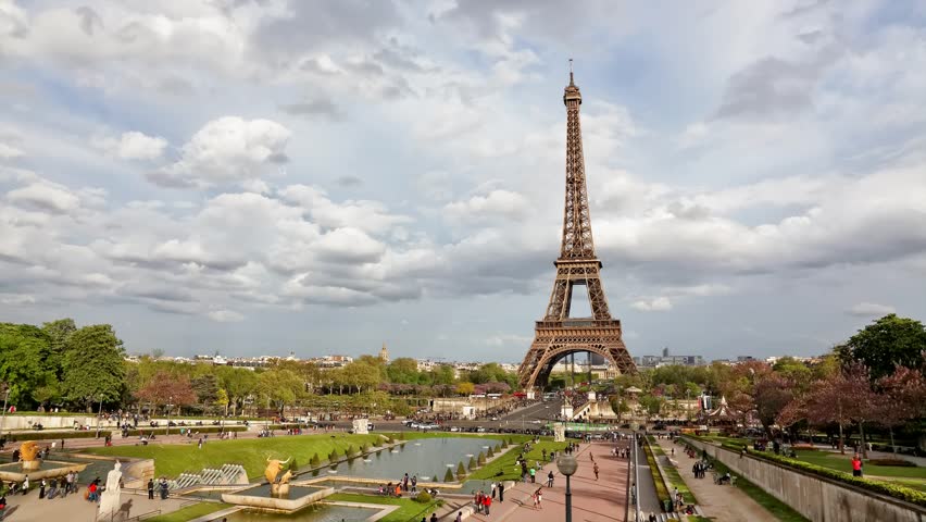 Eiffel Tower sunset. Tour Eiffel, Etoile, one of the monuments of Paris France, including Arch of Triumph, Louvre, Montmartre, Montparnasse, Moulin Rouge, Versailles, Pompidou Center, Notre Dame. | Shutterstock HD Video #7291543