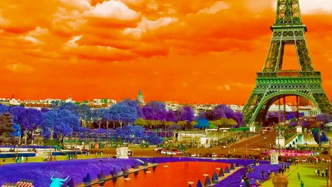 Pan vibrant Eiffel Tower sunset. Etoile, one of the monuments of Paris France, including Arch of Triumph, Louvre, Montmartre, Montparnasse, Moulin Rouge, Versailles, Pompidou Center, Notre Dame.