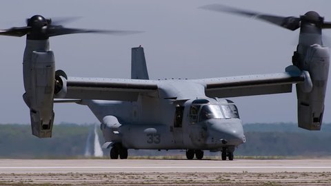 V-22 Osprey taxing on runway in slow motion