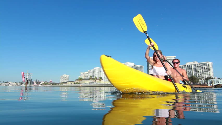 Young Happy Couple Kayaking In Ocean, Beach Lifestyle HD 