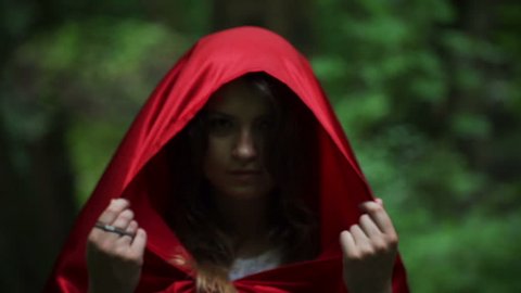 Mysterious beautiful woman, red riding hood, super slow motion, 240fps
