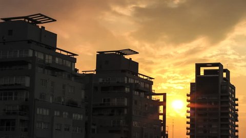BUENOS AIRES, ARGENTINA - AUGUST 05: Sunset on the urban skyline of Palermo on August 04, 2014 in Buenos Aires, Argentina. 
 Adlı Haber Amaçlı Stok Video