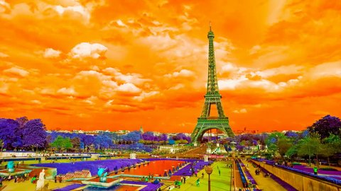 Vibrant Eiffel Tower sunset. Etoile, one of the monuments of Paris France, including Arch of Triumph, Louvre, Montmartre, Montparnasse, Moulin Rouge, Versailles, Pompidou Center, Notre Dame.