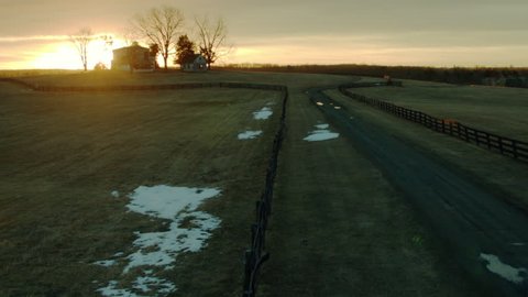 Aerial establishing shot of a farm property in Virginia at sunrise 1080p Stock Video clip.
Very cinematic