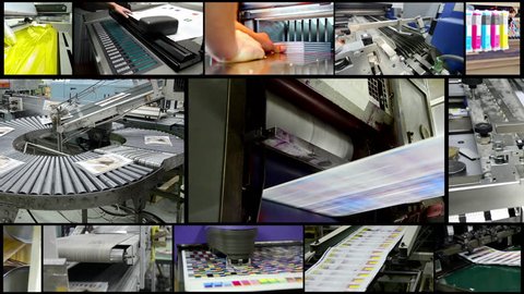 4k amazing print industry montage. Video wall background of printing plant production process.