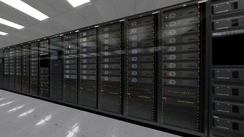Dolly shoot of row of network servers data center room 4K quad HD ultra resolution