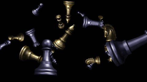 Chess - Metal - Flying Loop - II - Alpha - Rain of gold & silver pieces for event, sport, business, politic, art background, overlay, transition, intro, dvd, web. 3D animation with transparent back.