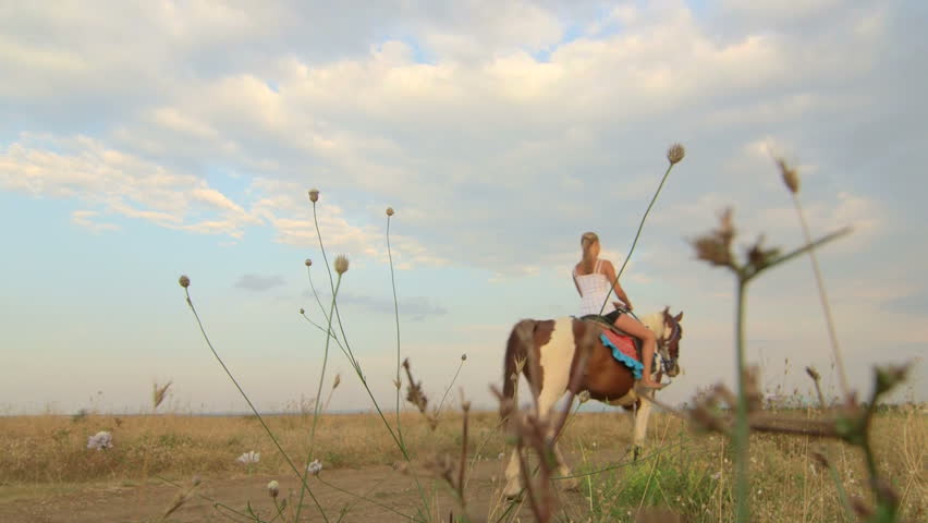Horseback riding vacations girl rides horse away in field | Shutterstock HD Video #7357981