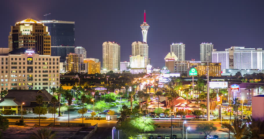 LAS VEGAS - 4K Night time aerial view time lapse of the Las Vegas strip and surrounding areas, US, April, 2014