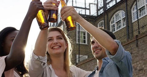 Friends celebrating drinking beer lifting arms summer outdoors : vidéo de stock