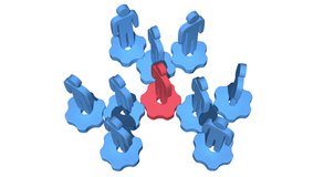 Group of 3D stylized blue people stand on gears with red team leader white. Teamwork, business concept. HD animation video clip with alpha matte.