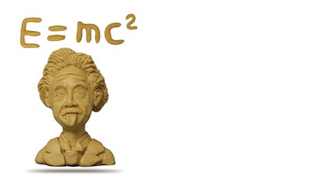 Cartoon head Einstein isolated on white background, plasticine, stop motion animation.