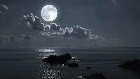 Full Moon Night Landscape Rocky Sea Stock Footage Video (100% Royalty ...