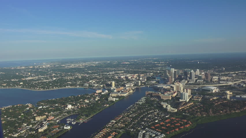 TAMPA FLORIDA AERIAL - CIRCA 2014: The Tampa skyline looking North, downtown, aerial flyby on a clear morning. 4k source