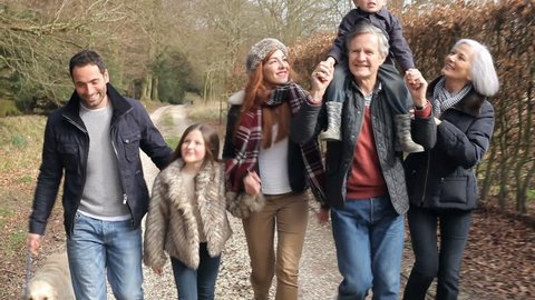 Multi Generation Family On Countryside Walk With Dog