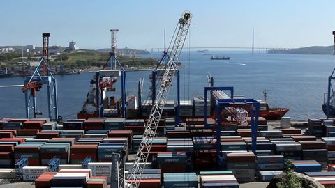 VLADIVOSTOK - SEP 21 2014: Vladivostok sea trading port activity. This port is largest trading ports located on the Pacific Ocean coast.