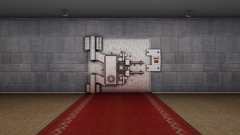 Heavy bank vault door opens to reveal chroma key room 
