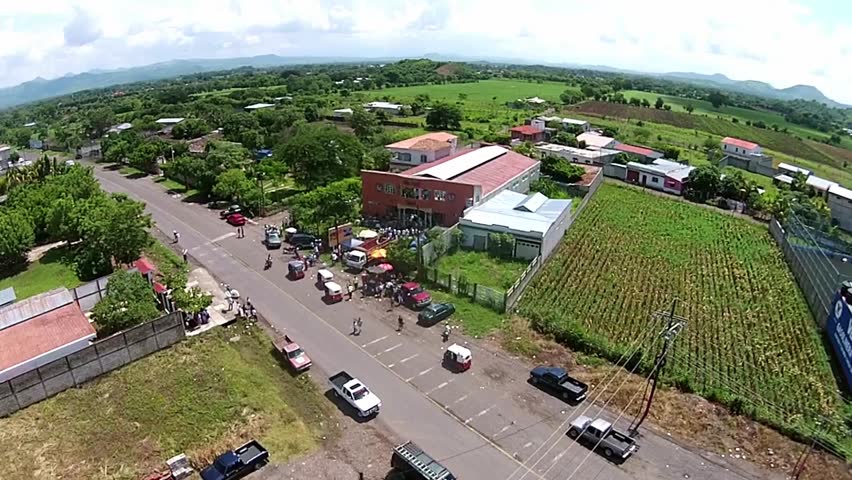 flying over, people, big house and road