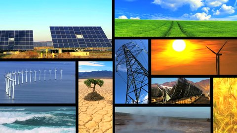 Montage collection of images showing environmental damage & clean renewable & sustainable energy sources