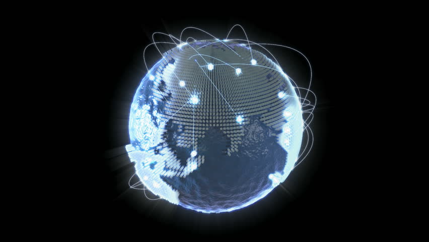 Due to globalization, the world gets connected. The international relations in politics, economics and techonlogy are a network of communication. The 3D visualisation shows the flow of information. Royalty-Free Stock Footage #7408012