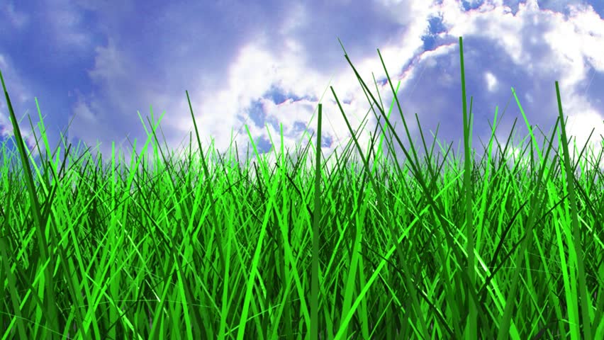 3d green grass meadow with clouds at background